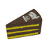 A chocolate cake-shaped stress reliever in brown and yellow colours, featuring a logo on the side.