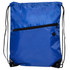 A blue drawstring bag featuring a zippered pocket and black accents, with a logo on the front.
