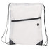 A white drawstring bag with a black zippered pocket and black corners, featuring a logo on one side.