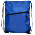 A blue drawstring bag featuring a zippered pocket and black accents, with adjustable cords for carrying.