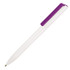 A minimalist ballpoint pen featuring a white body and a purple cap, with a branding logo on it.