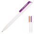 A ballpoint pen featuring a white body with a purple cap and clip, alongside two additional pens in orange and purple.