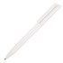 A minimalist white ballpoint pen with a clip, featuring a sleek design and a silver tip.