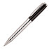 A metal ballpoint pen with a silver textured barrel and glossy black accents, featuring a clip and a branding logo.