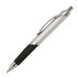 A metal ballpoint pen in silver and black with a stylish design and a branding logo.