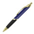 A blue and black ballpoint pen with gold accents and a logo on the upper body.