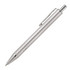 A silver ballpoint pen with a sleek design and a clip, featuring a logo on its surface.