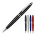 A sleek black ballpoint pen with a metallic clip, accompanied by silver, blue, and red versions. Features a logo.