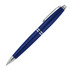 A blue metal ballpoint pen with a silver clip and decorative bands. It has a sleek, polished design.