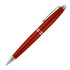 A red ballpoint pen with silver accents and a clip, featuring a sleek, polished design and a branding logo.