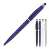 A purple ballpoint stylus pen with a silver band, accompanied by black, white, and additional pens. Features a logo.
