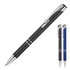 A ballpoint pen featuring a brushed black finish with chrome accents, alongside a blue version. Both have a sleek design.