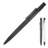 A matte black ballpoint pen with a sleek design and clip, alongside a white pen with a similar style.