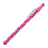 A ballpoint pen in pink with a transparent barrel, featuring a design on the side and a clip on top.