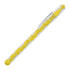 A yellow ballpoint pen with a transparent body and a clip. It features a decorative design along the barrel and has a logo.