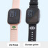 A square smart watch with a rose gold and a black strap, featuring digital display and logos.