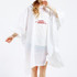 A white reusable PEVA rain poncho with a hood, featuring a logo on the front, designed for adults. A white reusable PEVA rain poncho with a hood, featuring a logo on the front, designed for adults.
