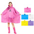 A pink reusable PEVA rain poncho with a hood, alongside options in blue, white, yellow, and purple.