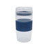 A reusable coffee cup in clear plastic with a navy silicone grip and lid. It has a sleek design perfect for drinks.
