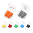 A container holding pairs of orange and grey ear plugs, with additional pairs in yellow, red, green, and blue.