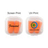 A clear case containing orange ear plugs, featuring a logo on one side and text on the other.