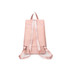 A pink backpack with straps and a handle, featuring a zippered back pocket and a simple design.
