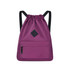 A lightweight drawstring backpack in a vibrant purple colour with black straps and a front zip pocket. It features a logo.