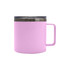 A pink 450ML RCS recycled stainless steel office coffee cup with a dark lid and a sturdy handle.