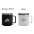 A recycled stainless steel coffee cup in black and white, each with a logo and a handle.