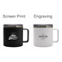 A drink bottle featuring a black mug with a logo and a white mug with engraved text. Both have handles and a metallic lid.