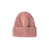 A pink twisted cable cuffed beanie with a ribbed texture and a folded cuff. It features a logo.
