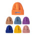 A collection of twisted cable cuffed beanies in orange, tan, blue, purple, navy, yellow, and pink. Each has a ribbed texture.