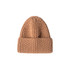 A twisted cable cuffed beanie in a warm brown colour, featuring a ribbed texture and a folded cuff.