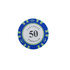 A poker chip with a blue and green design, featuring the text "Las Vegas 50 Poker Club" in the centre and a logo.