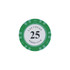 A green poker chip featuring a white centre with the number 25 and poker club details. It has a branding logo.