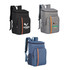 A large capacity cooler backpack in black, grey, and navy with front pockets and logo branding.