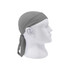 A grey cycling bandana hat displayed on a mannequin head, featuring a tied back design and a breathable fabric.
