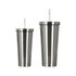 A drink bottle set featuring two double wall stainless steel tumblers in silver with straws.