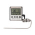 A digital oven thermometer with a large display, stainless steel casing, and a metal probe attached by a wire.