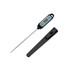 A black instant read meat thermometer with a long probe and digital display, accompanied by a protective sheath.