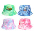 A collection of tie dye bucket hats in green, blue, pink, and white, featuring various designs and logos.