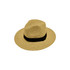 A straw sun hat in tan with a black band, featuring a wide brim and a textured finish.