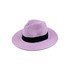A lilac sun hat with a black band, featuring a wide brim and a classic design. It has one logo on the side.