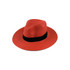 A wide-brimmed sun hat in vibrant orange with a black ribbon band. Features a textured woven design and a logo.
