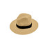 A straw sun hat in a natural beige colour, featuring a wide brim and a black band around the base.