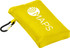 A yellow compact picnic mat with a carabiner for easy attachment, featuring a logo.