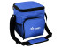 A blue waterproof cooler bag with a detachable shoulder strap and a front mesh pocket, featuring a logo.