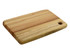 A wooden cheese board with a natural finish, featuring stripes and a rounded corner with a hole.