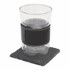 A black leather-wrapped glass sits on a square slate coaster. The set includes a coaster and a drink glass.