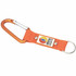 An orange keyring with a carabiner clip and a metal ring, featuring a logo on the strap.